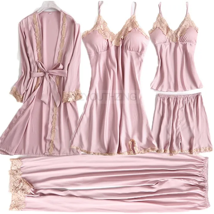 Conjunto de pijama feminino renda sólida cetim pijamas pete femme verão pijamas - Imagem 23
