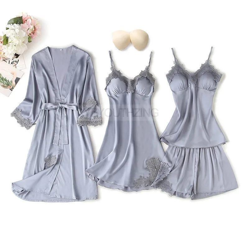 Conjunto de pijama feminino renda sólida cetim pijamas pete femme verão pijamas - Imagem 44