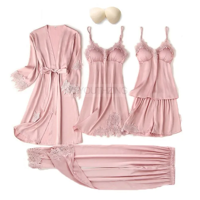 Conjunto de pijama feminino renda sólida cetim pijamas pete femme verão pijamas - Imagem 6