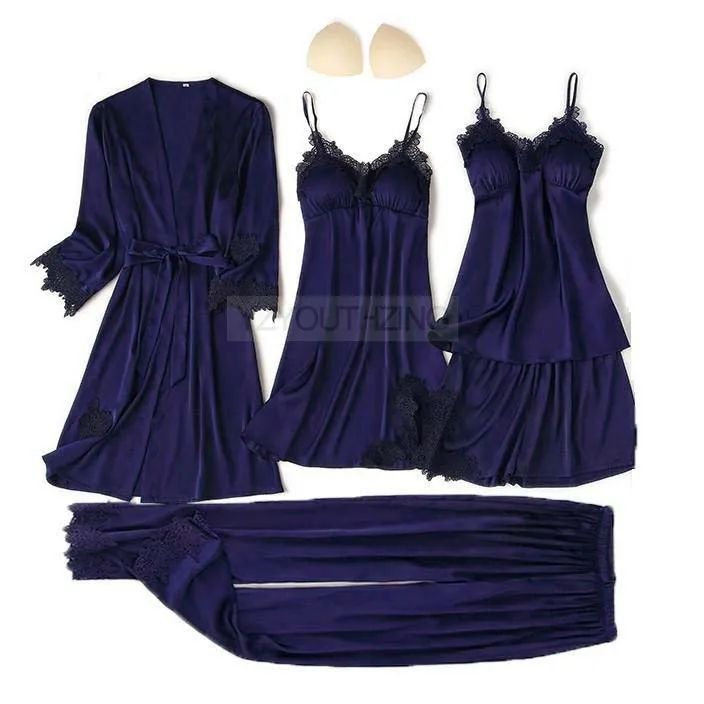 Conjunto de pijama feminino renda sólida cetim pijamas pete femme verão pijamas - Imagem 46