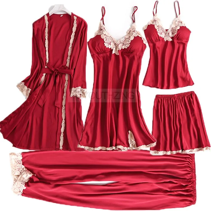 Conjunto de pijama feminino renda sólida cetim pijamas pete femme verão pijamas - Imagem 22