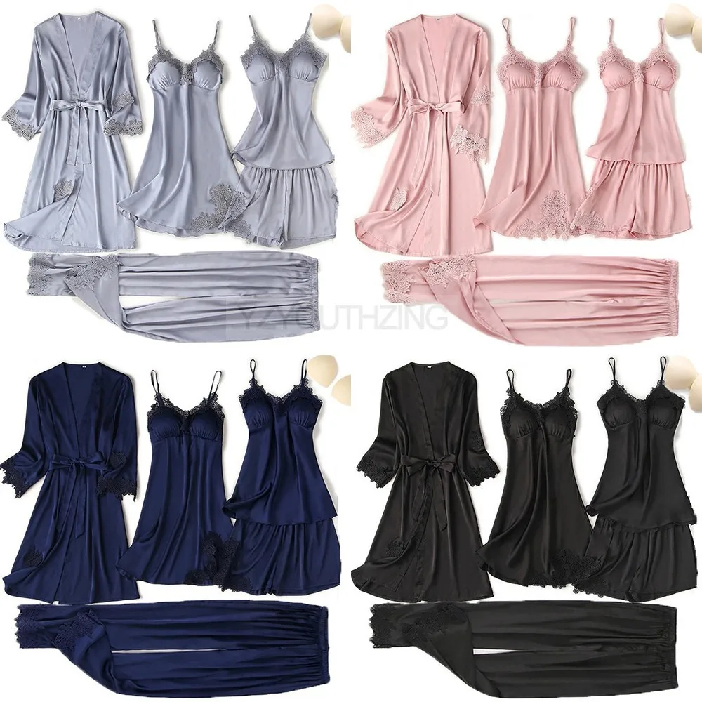 Conjunto de pijama feminino renda sólida cetim pijamas pete femme verão pijamas - Imagem 32
