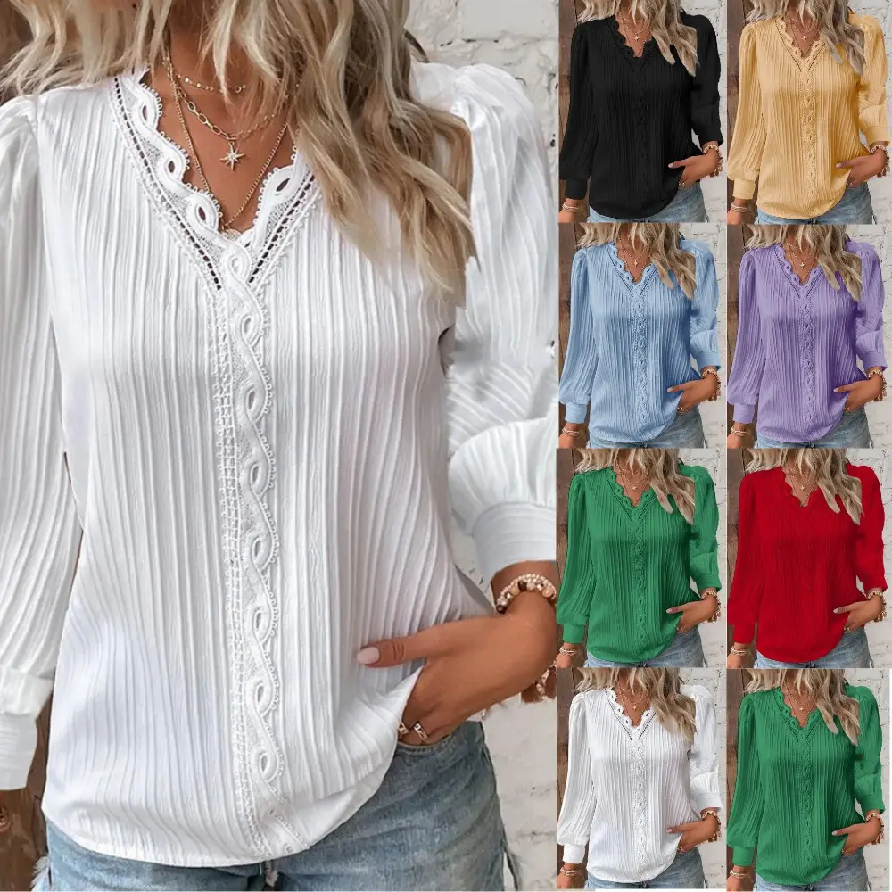 Blusa feminina solta com decote em V e detalhes de renda combinada - Imagem 12