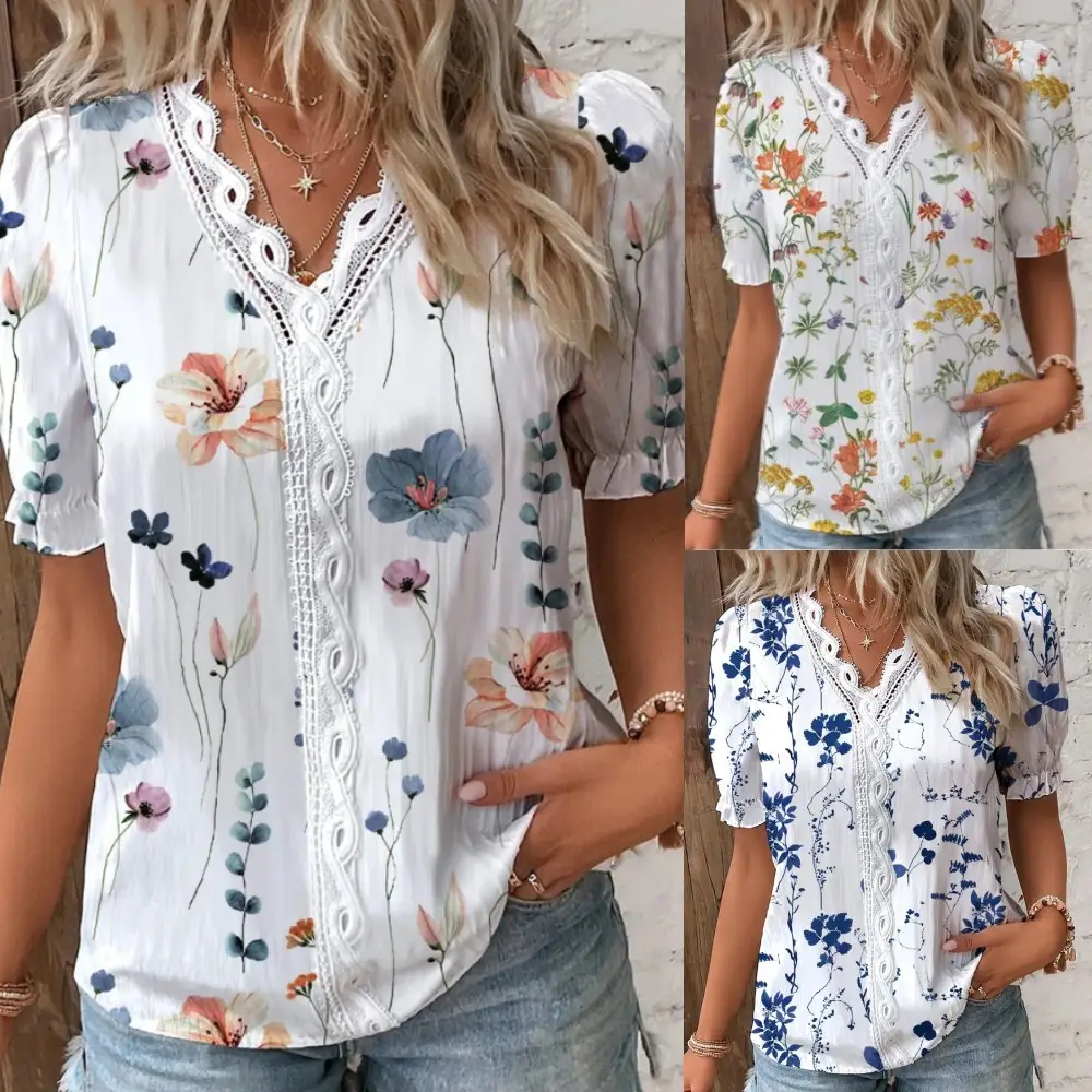 Camisa feminina estampada com decote V e detalhes em renda. - Imagem 6