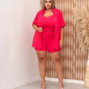 Conjunto Plus Size de Verão com Tecido Duna para Conforto Cor:Vermelho