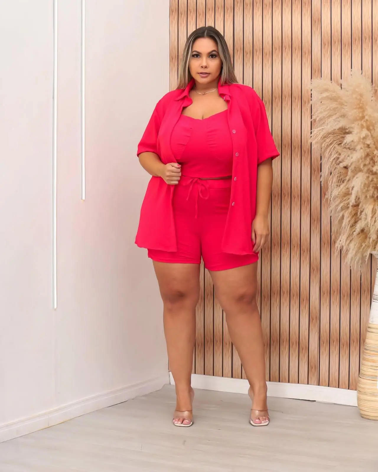 Conjunto Plus Size de Verão com Tecido Duna para Conforto Cor:Vermelho