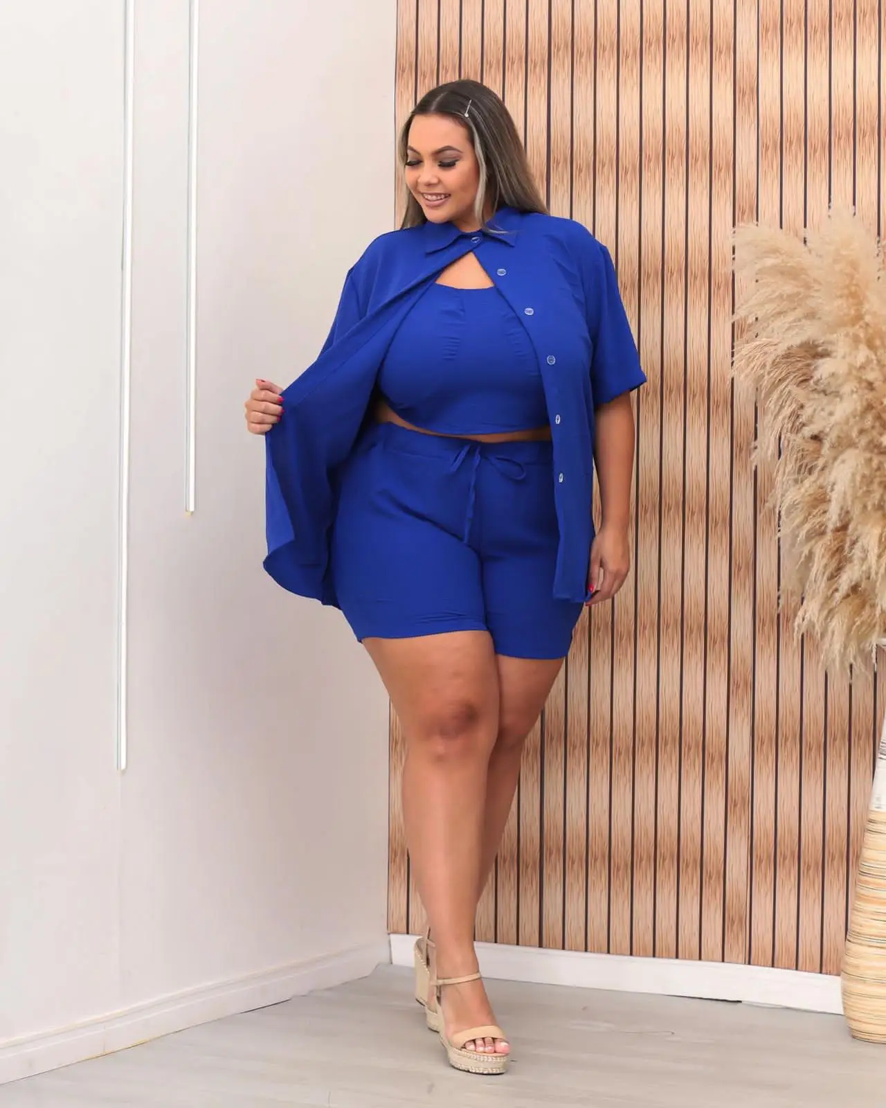 Conjunto Plus Size de Verão com Tecido Duna para Conforto Cor:azul - Imagem 2