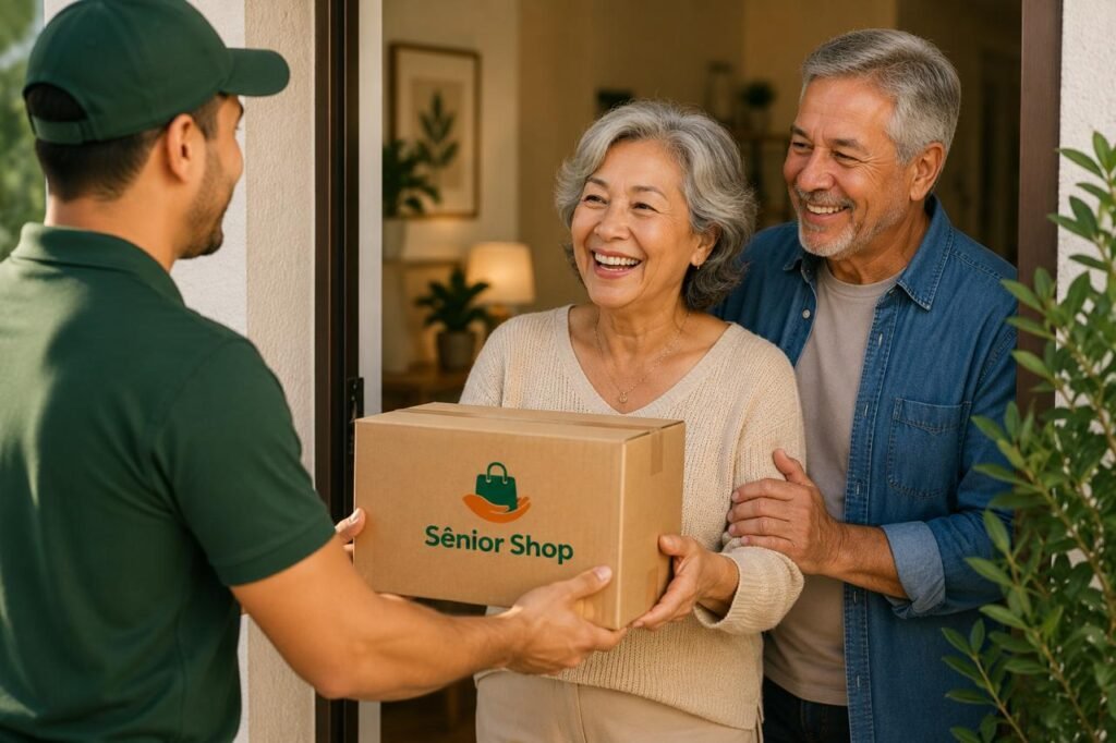 Casal Sênior recebendo em casa o produto adquirido na Sênior Shop.
