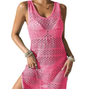 Vestido de Tricô Vazado Estilo Saída de Praia para Dias de Sol