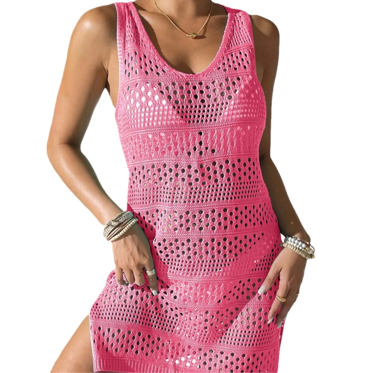 Vestido de Tricô Vazado Estilo Saída de Praia para Dias de Sol