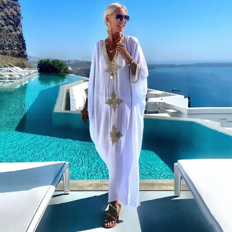 Vestido Caftã Longo com Decote em V para Saída de Praia e Verão