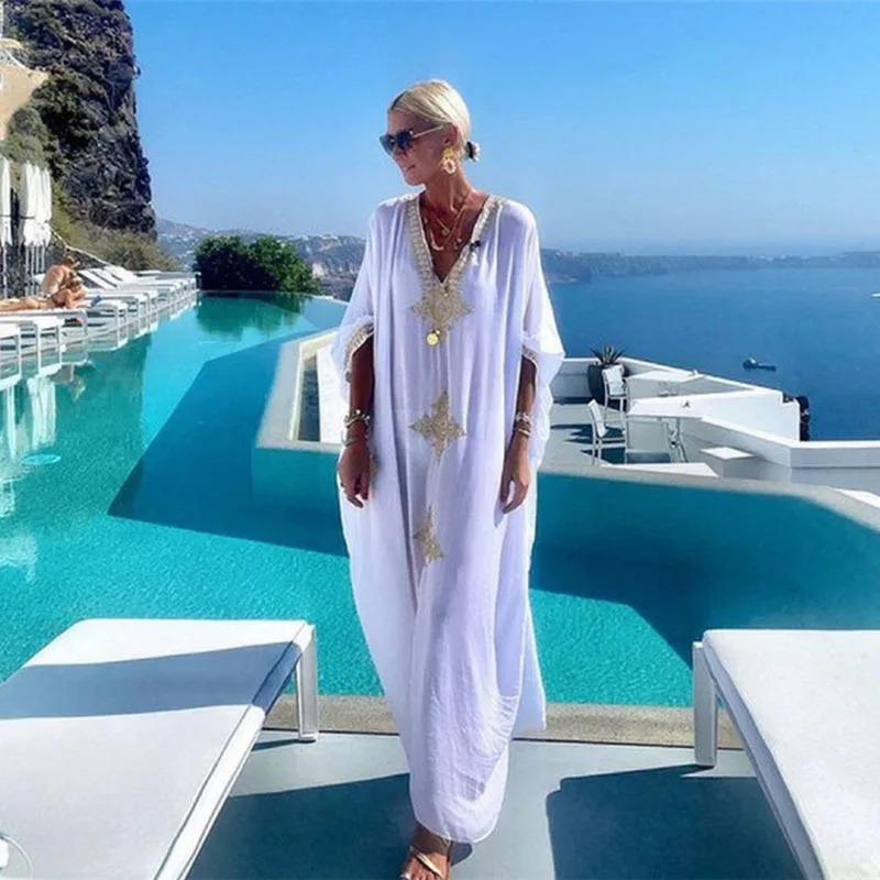 Vestido Caftã Longo com Decote em V para Saída de Praia e Verão - Imagem 12