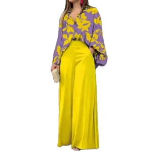 Conjunto Feminino Casual de 2 Peças com Blusa Estampada e Calça