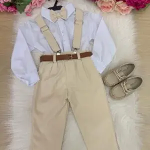 Conjunto Meninos Miss Cherry Leo Suspensorio Palha - Bege