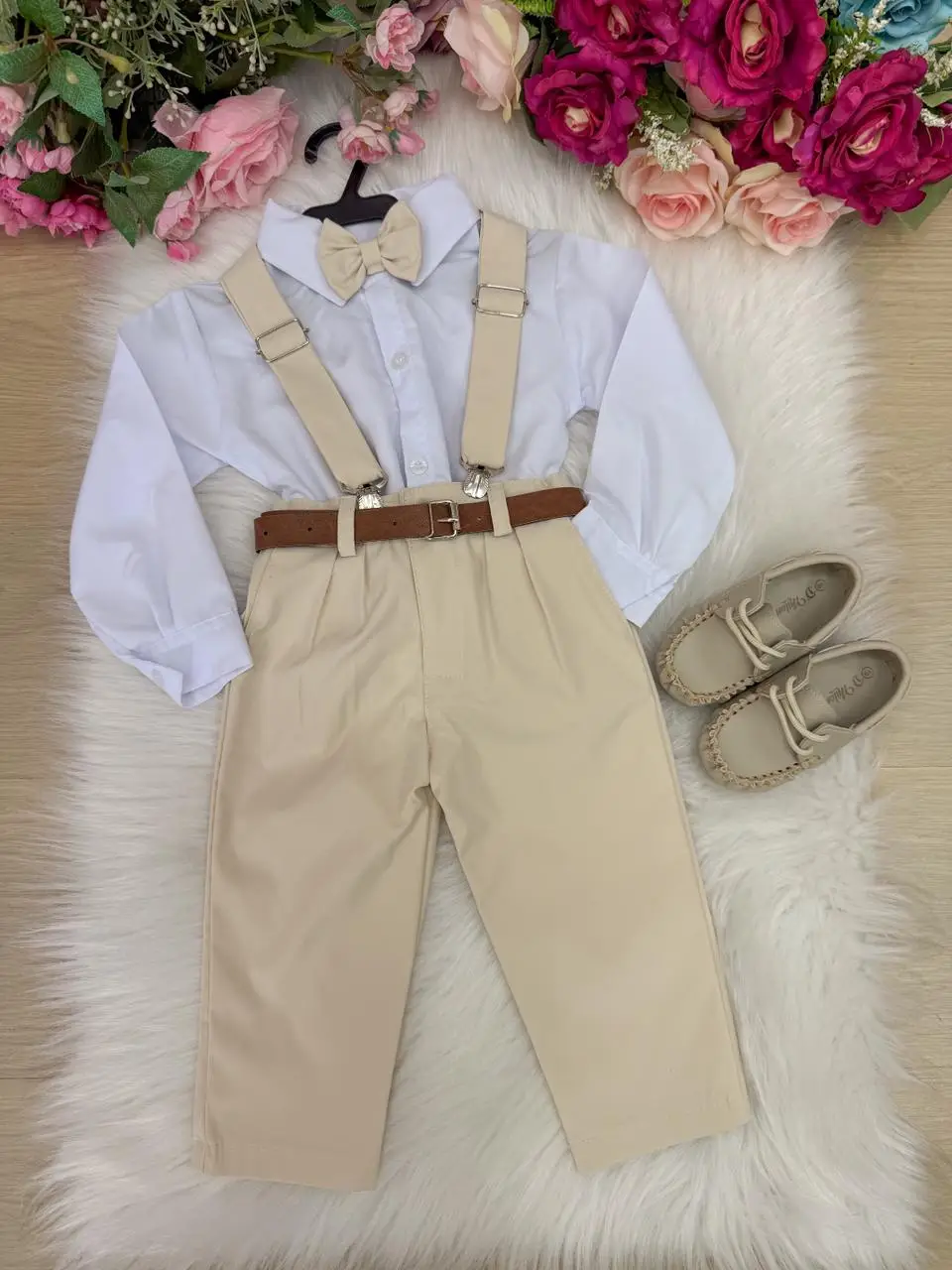 Conjunto Meninos Miss Cherry Leo Suspensorio Palha - Bege