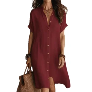 Vestido Midi Casual em Algodão e Linho com Botões