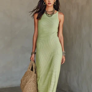 Vestido Longo Casual Canelado Sem Mangas para Mulheres