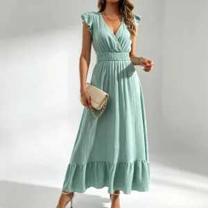 Vestido Longo Casual com Babados e Manga Curta