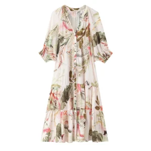 Vestido Midi Floral Vintage com Decote V e Mangas Curtas