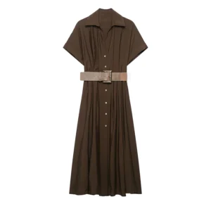 Vestido Midi Casual Elegante com Cinto e Gola V