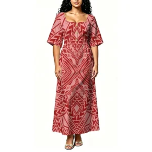 Vestido Longo Feminino Estampado com Decote Quadrado e Botões
