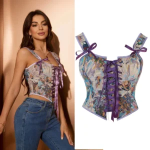Corpete Vintage Estampado com Alças e Zíper Lateral Roxo