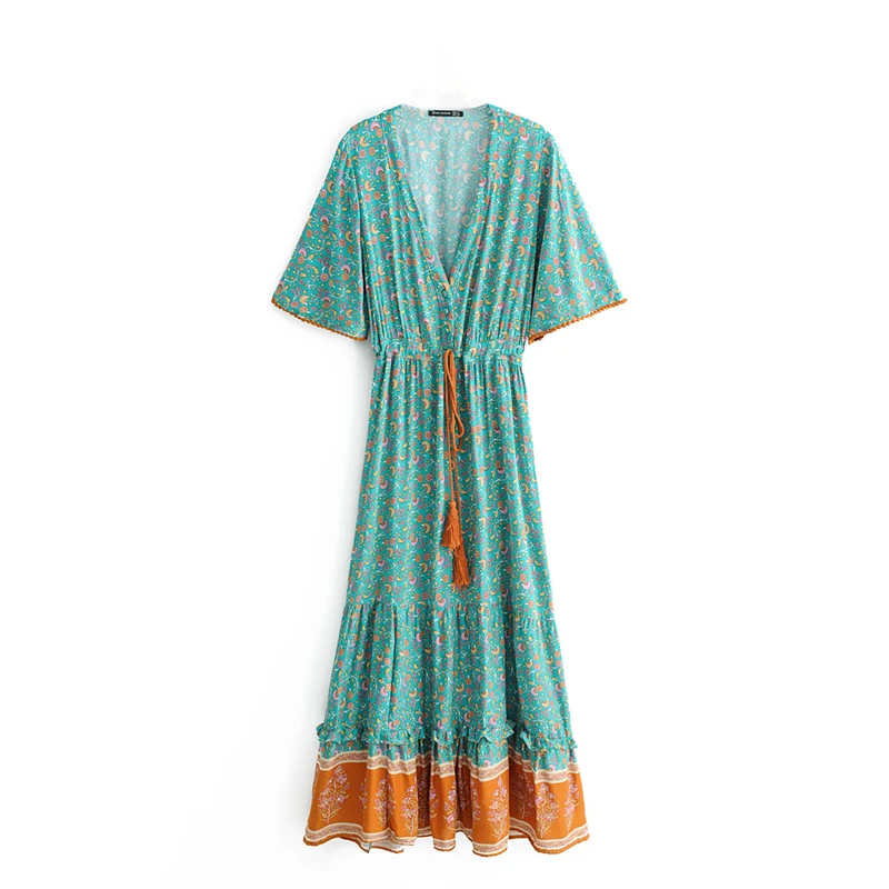 Vestido Maxi Longo Estampa Floral Vintage com Decote em V - Imagem 12