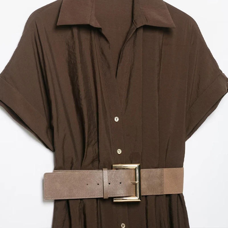 Vestido Midi Casual Elegante com Cinto e Gola V - Imagem 3