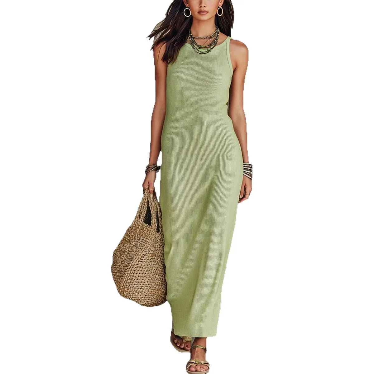 Vestido Longo Casual Canelado Sem Mangas para Mulheres - Imagem 5