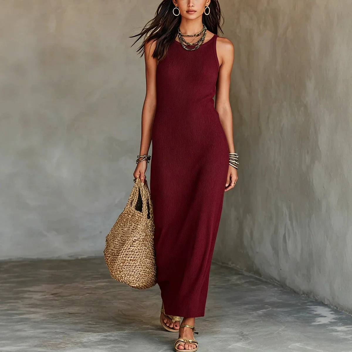 Vestido Longo Casual Canelado Sem Mangas para Mulheres - Imagem 3