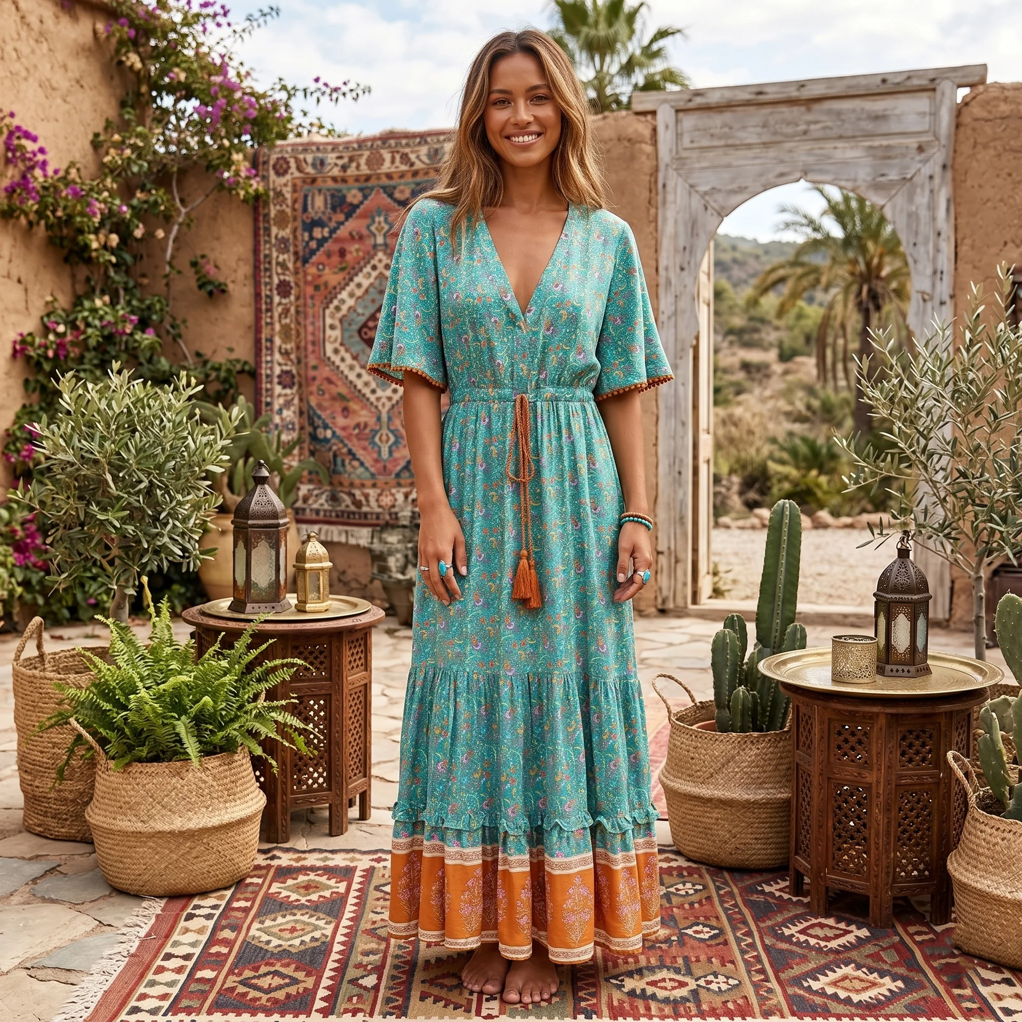 Vestido Maxi Longo Estampa Floral Vintage com Decote em V - Imagem 4