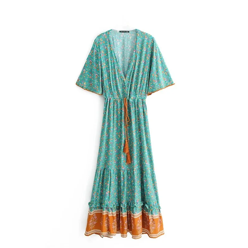 Vestido Maxi Longo Estampa Floral Vintage com Decote em V - Imagem 6